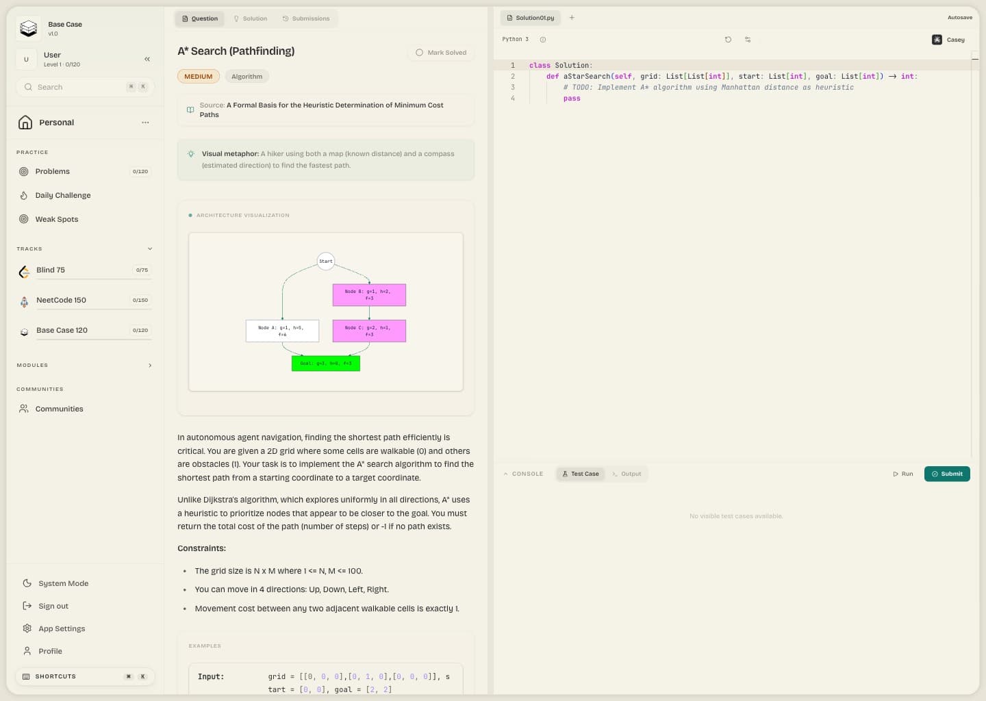 Base Case problem IDE view with an editor, test output, problem statement, and Casey coaching side by side.