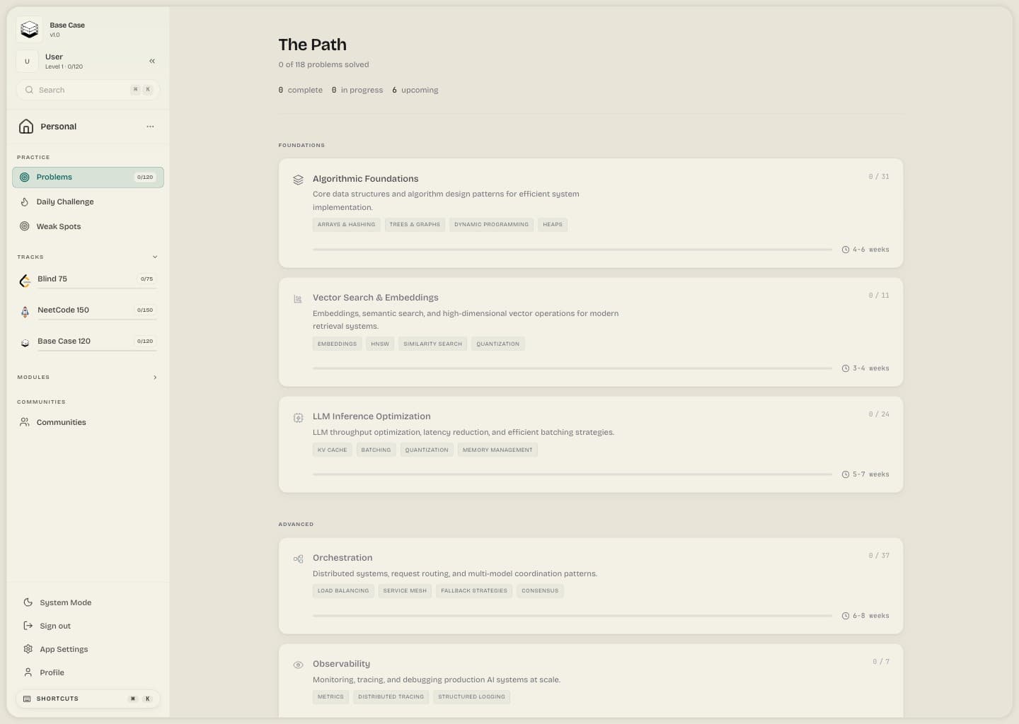 Base Case roadmap view showing the Base Case 120 curriculum organized into modules and problem cards.